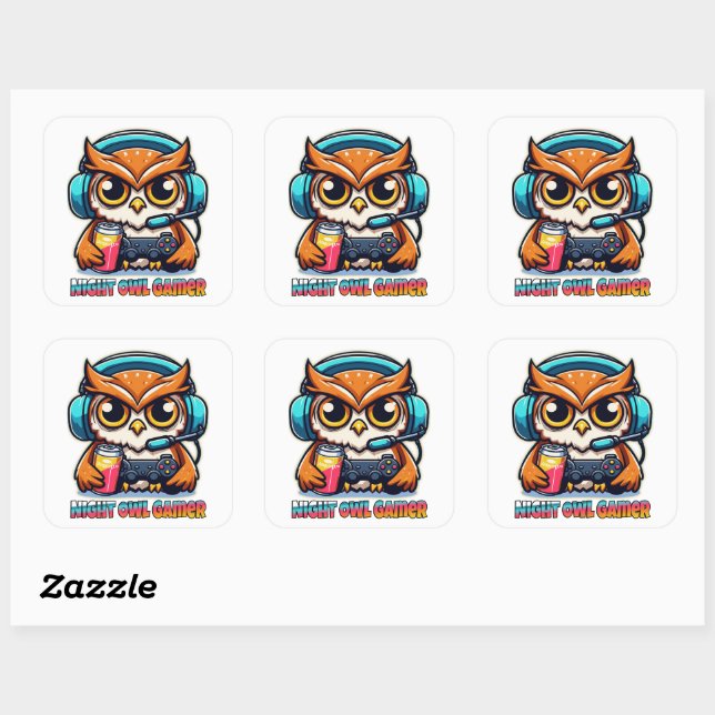 Night Owl Gamer Mascot Fun Gaming Illustration Square Sticker (Sheet)