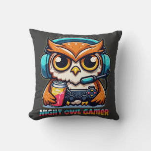 Night Owl Gamer Mascot Fun Gaming Illustration Throw Pillow