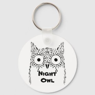 Night owl insomnia cute black and white keychain