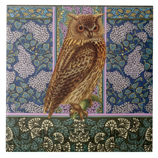 NIGHT OWL,LILACS AND LEAVES Art Nouveau Floral Tile