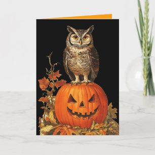 NIGHT OWL ON HALLOWEEN PUMPKIN AND AUTUMN LEAVES CARD