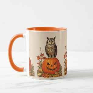NIGHT OWL ON HALLOWEEN PUMPKIN AND AUTUMN LEAVES MUG