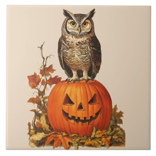 NIGHT OWL ON HALLOWEEN PUMPKIN AND AUTUMN LEAVES TILE (Front)