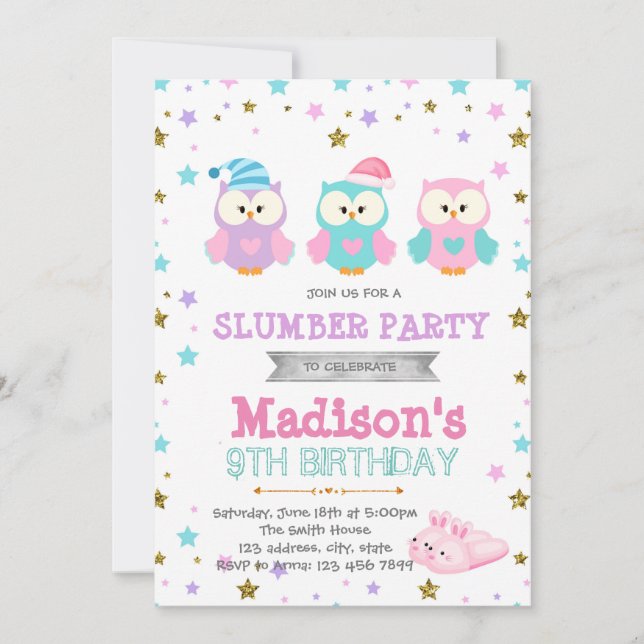 Night owl sleepover party birthday invitation (Front)