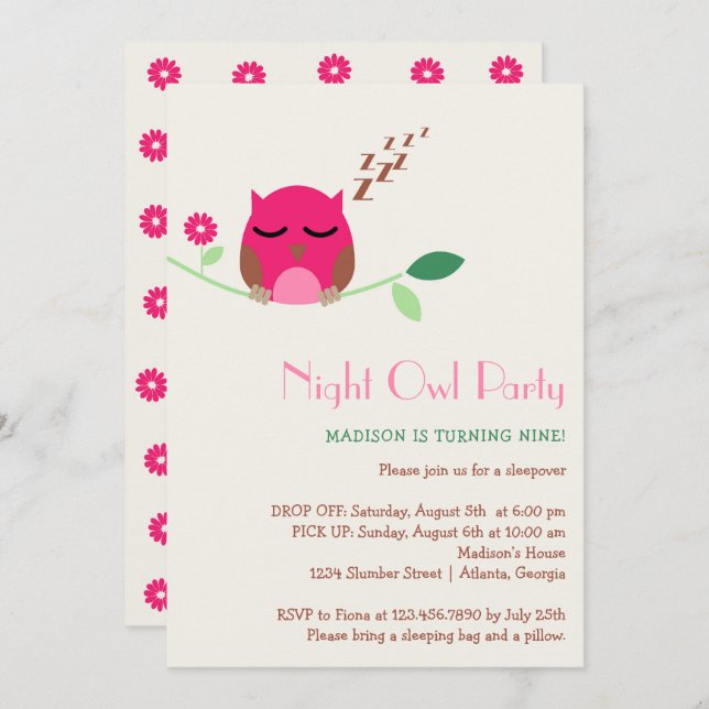 Night Owl Slumber Birthday Party Invitation (Front/Back)
