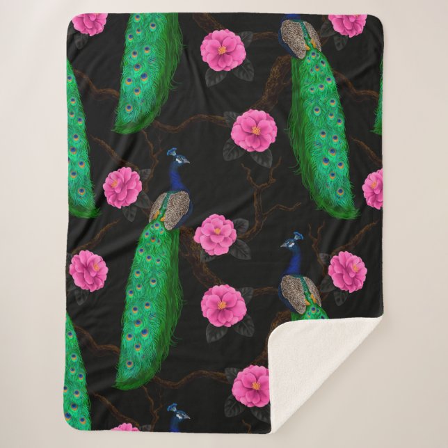 Night peacock garden sherpa blanket (Front)