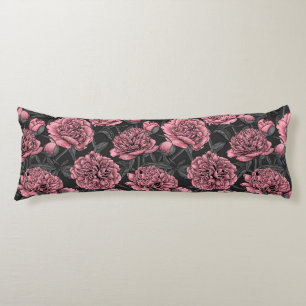 Night peony garden in pink and grey body pillow