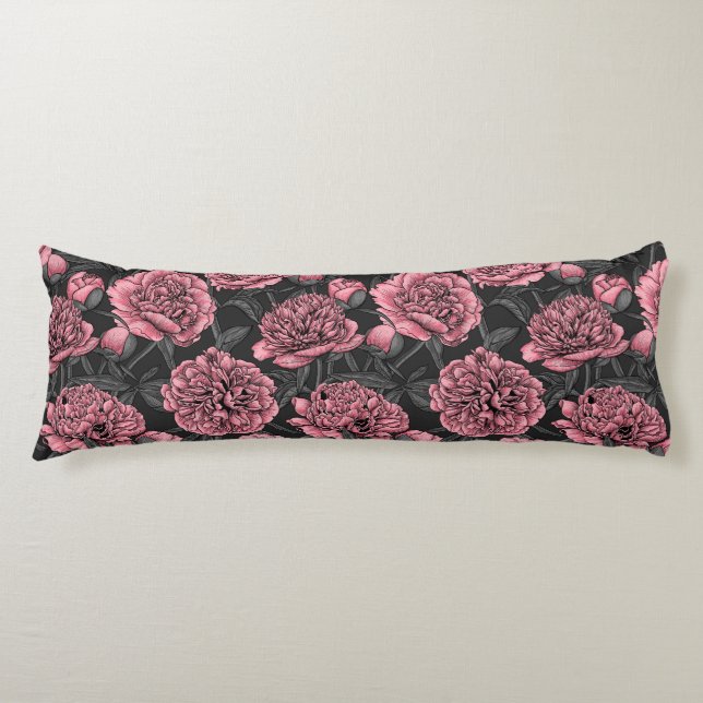 Night peony garden in pink and grey body pillow (Front)