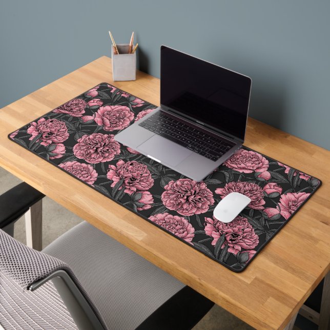 Night peony garden in pink and grey desk mat (Office 2)