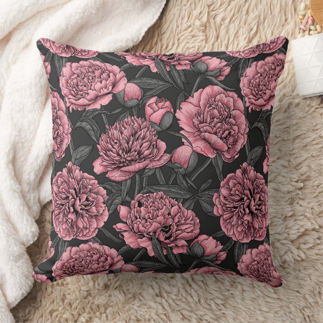 Night peony garden in pink and grey throw pillow (Blanket)