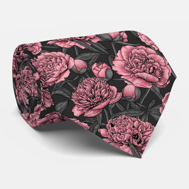 Night peony garden in pink and grey tie (Rolled)