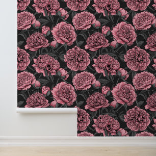 Night peony garden in pink and grey wallpaper