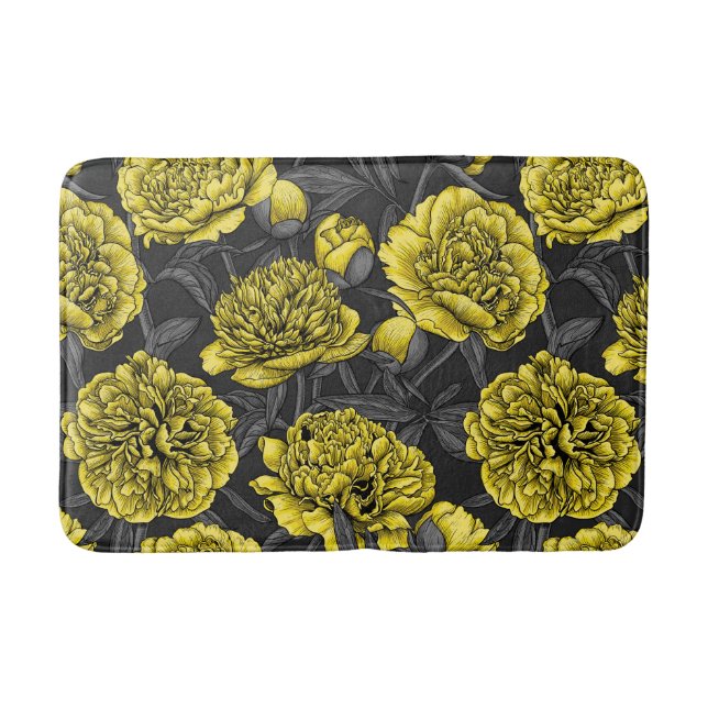 Night peony garden in yellow and grey bath mat (Front)