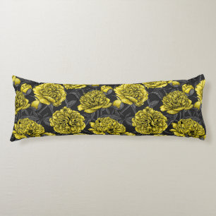 Night peony garden in yellow and grey body pillow