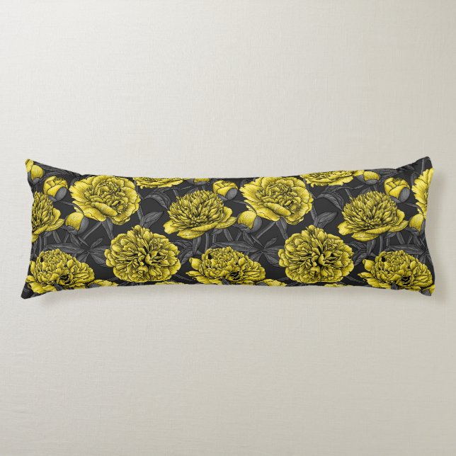 Night peony garden in yellow and grey body pillow (Front)