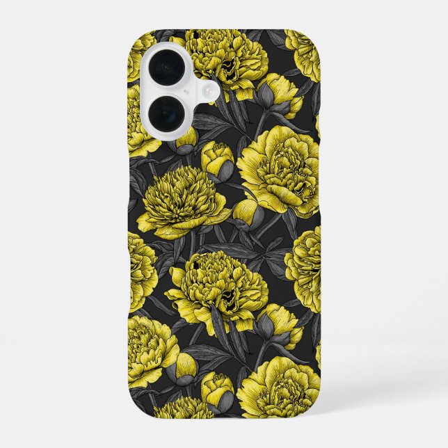 Night peony garden in yellow and grey iPhone 16 case (Back)