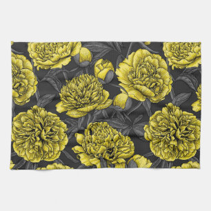 Night peony garden in yellow and grey kitchen towel