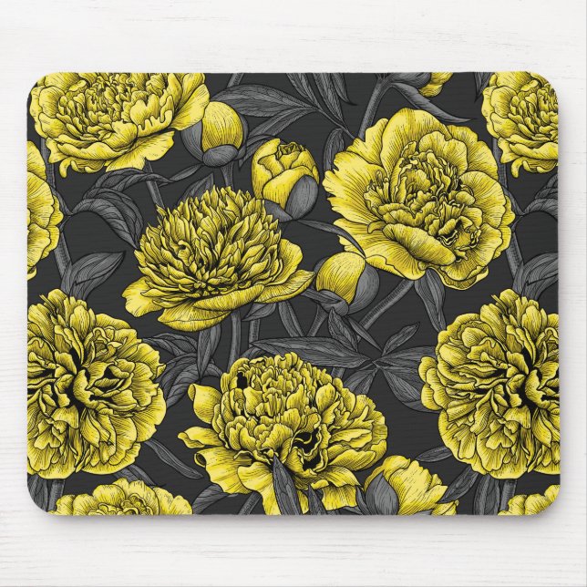 Night peony garden in yellow and grey mouse pad (Front)