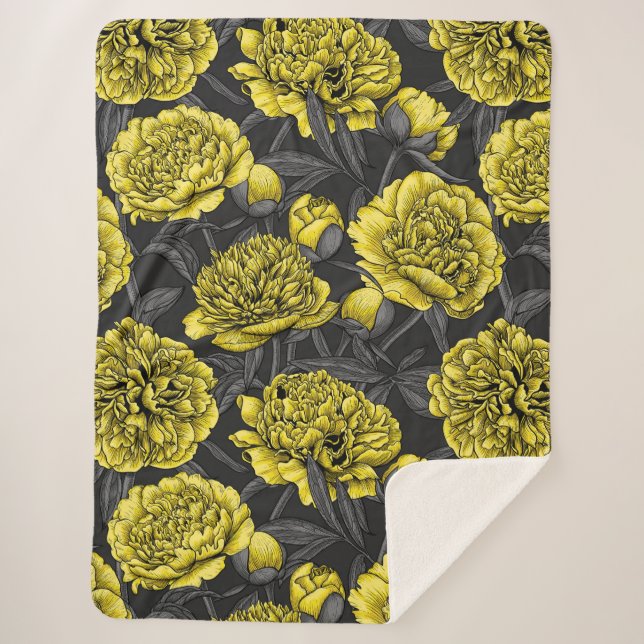 Night peony garden in yellow and grey sherpa blanket (Front)