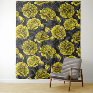 Night peony garden in yellow and grey tapestry