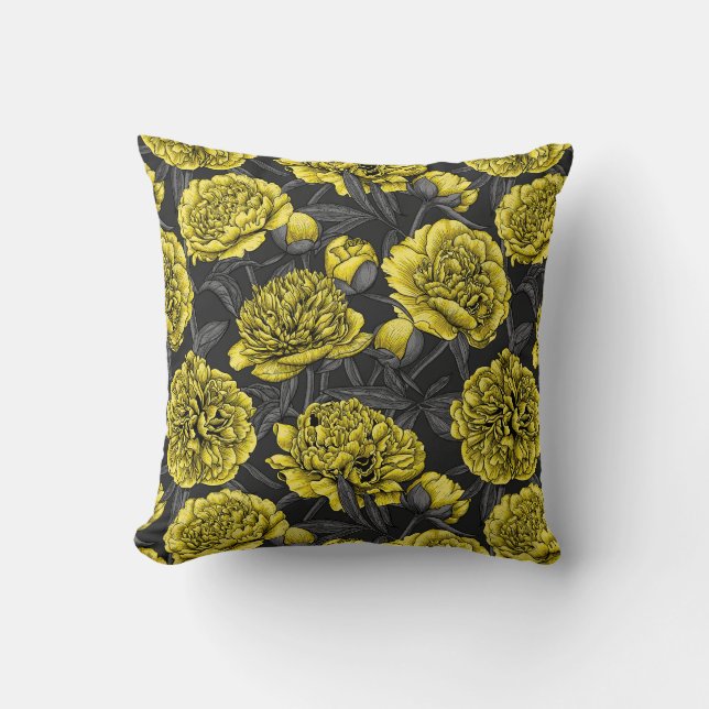 Night peony garden in yellow and grey throw pillow (Front)
