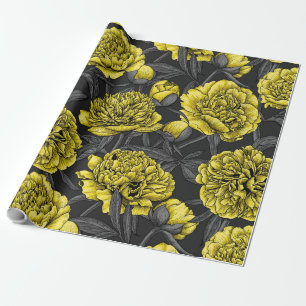 Night peony garden in yellow and grey wrapping paper