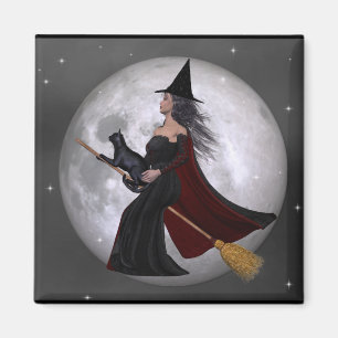 Night Ride :: Witch & Her Cat Riding in the Night Magnet