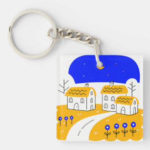 Night Scene of a Small Village Landscape Keychain