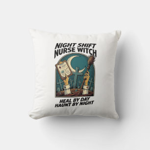 Night Shift Nurse Witch Retro Halloween Tee Throw Pillow