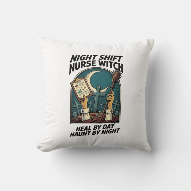 Night Shift Nurse Witch Retro Halloween Tee Throw Pillow (Front)
