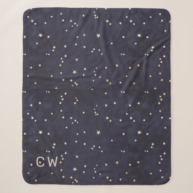 Night sky and gold stars minimalist monogram sherpa blanket (Front)