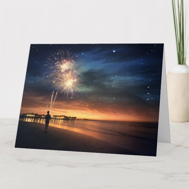 Night Sky Beach Fireworks Card (Front)