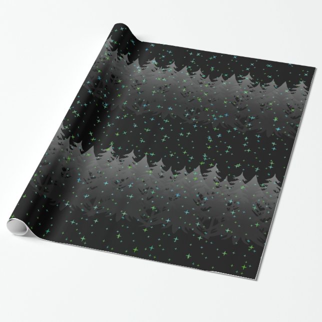 Night Sky Blue Green Stars Tree Snow Black Holiday Wrapping Paper (Unrolled)