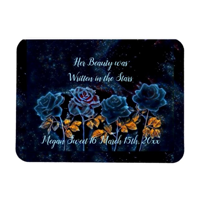 Night Sky Blue Rose Gold Leaf Her Beauty Sweet 16 Magnet (Horizontal)