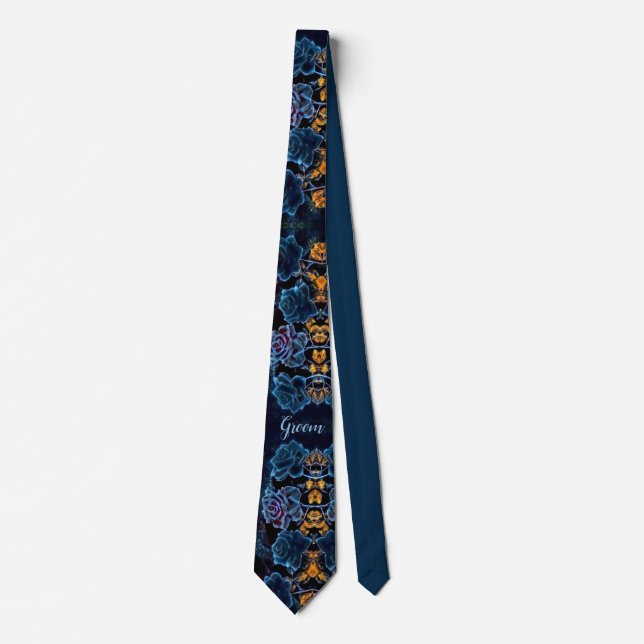 Night Sky Blue Rose Personalized Groom Wedding Tie (Front)