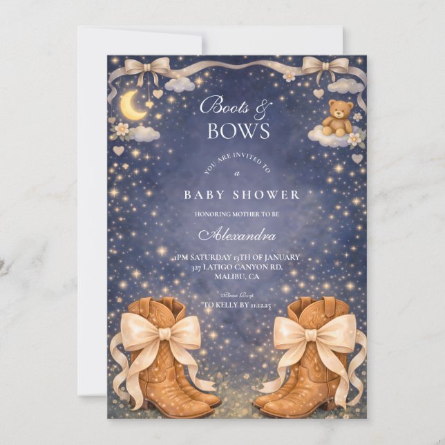 Night Sky Boots And Bows Baby Shower Invitation (Front)
