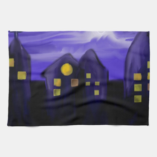 Night sky city skyscrapper canvas art kitchen towel (Horizontal)