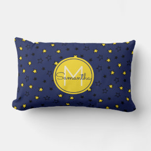 Night Sky Cute Stars on Navy Blue Pattern Monogram Lumbar Pillow