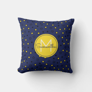 Night Sky Cute Stars on Navy Blue Pattern Monogram Throw Pillow