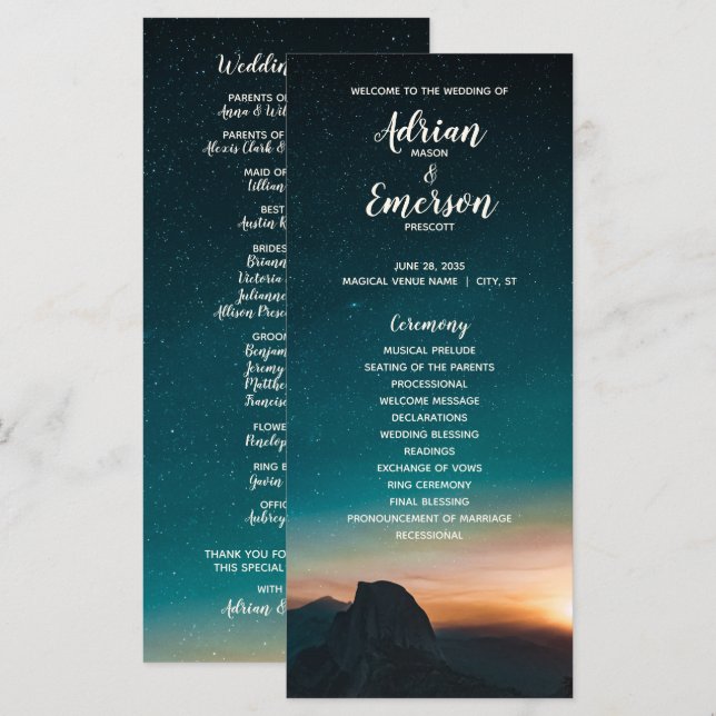 Night Sky Galaxy Mountain Stars Wedding Program (Front/Back)