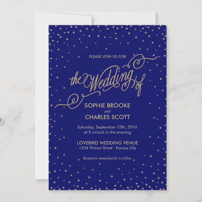 Night Sky Gold Stars Fancy Faire-part de mariage (Devant)