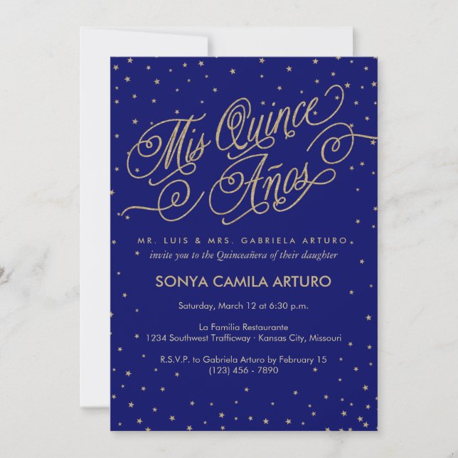 Night Sky Gold Stars & Navy Quinceañera Invitation (Devant)