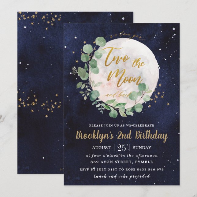 Night Sky Greenery Two the moon 2nd Birthday Party Invitation (Front/Back)