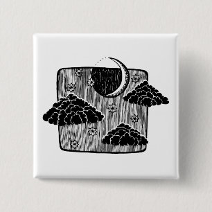 Night Sky Half Moon Clouds Hand Drawn Illustration 2 Inch Square Button