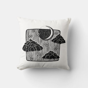 Night Sky Half Moon Clouds Hand Drawn Illustration Throw Pillow