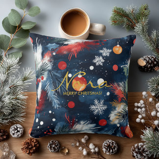 Night Sky Holiday Pine and Ornament Design Throw Pillow