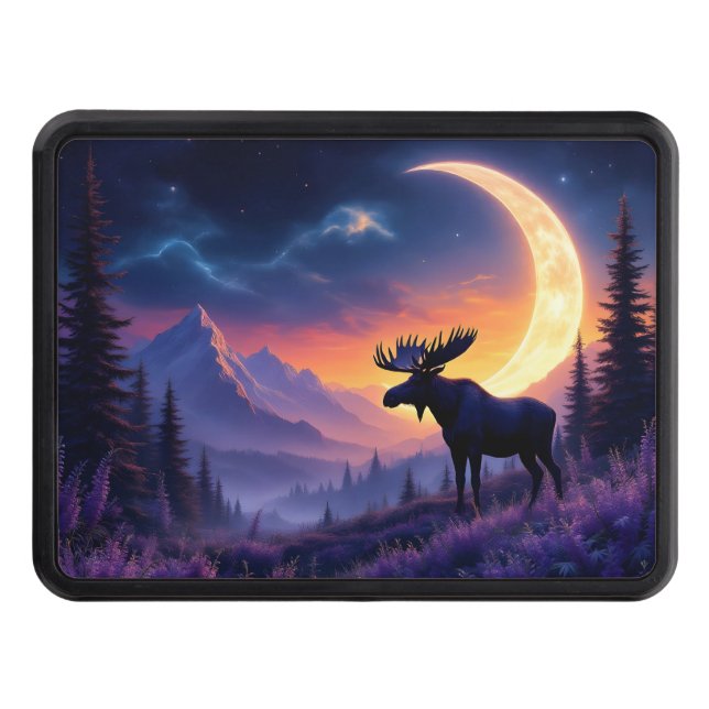  Night Sky Moose Crescent Moon Lavender Trailer Hitch Cover (Front)