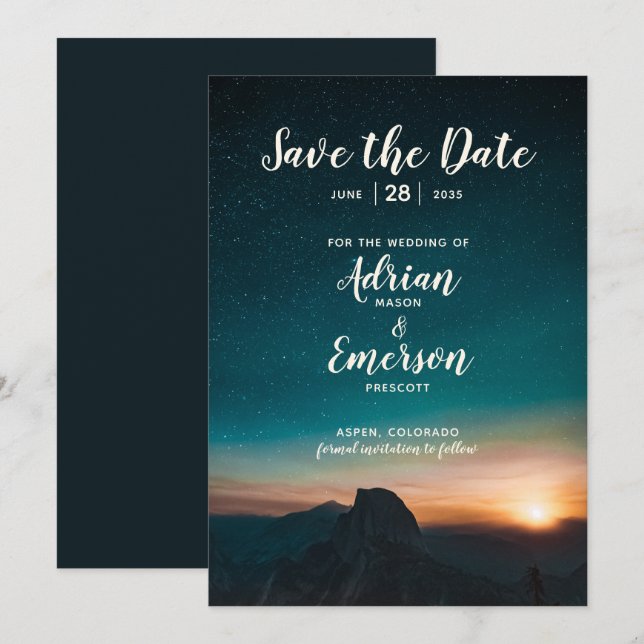 Night Sky & Mountain Stars Galaxy Modern Wedding Save The Date (Front/Back)