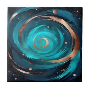 Night Sky Nebula Turquoise And Copper Metallic Tile