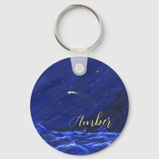 Night Sky Ocean Cliff Shooting Star Canvas Keychain